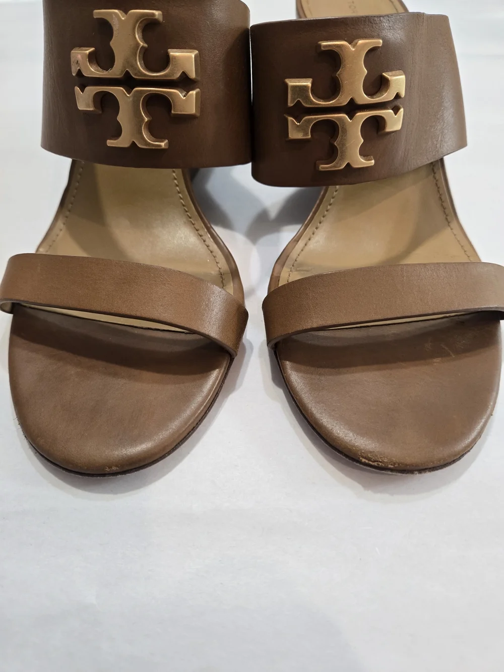 Tory Burch Everly Wedge Leather High Heel Brown Slide Sandals Sz 9 M Brown Gold